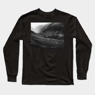 Black and White Shot of Swiss Alpine Road Winding Through Valley Long Sleeve T-Shirt